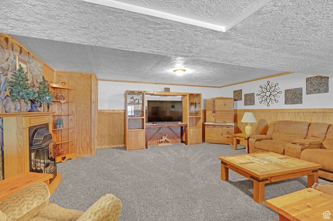 Carpeted living area with wood walls, wainscoting, a textured ceiling, and a wood stove | Image 22