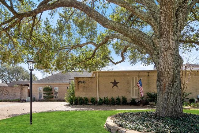 This front yard view highlights a mature tree providing shade and character to the property. A well-maintained lawn and landscaped garden beds enhance the curb appeal. The home’s brick exterior and neatly trimmed hedges create a classic and inviting entrance. A paved driveway leads to the garage and entryway. | Image 4