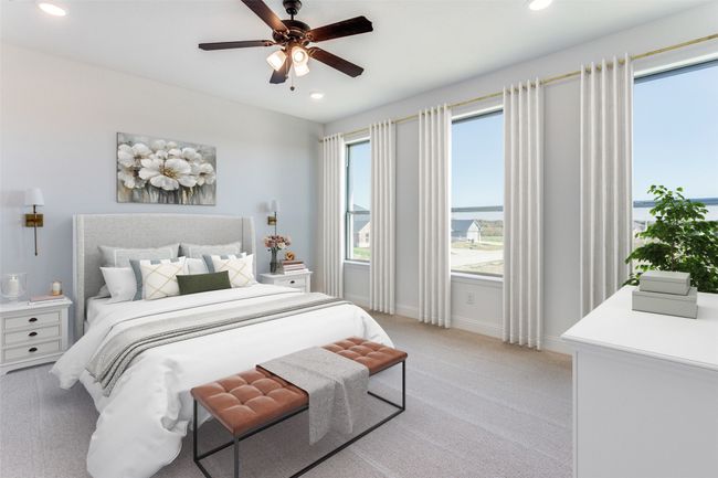 Bedroom featuring recessed lighting, a ceiling fan, baseboards, and light colored carpet | Image 4