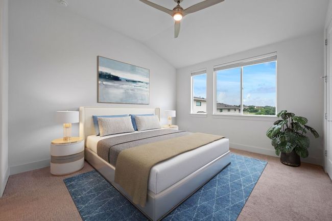 Digital staging at master Bedroom with carpet flooring, vaulted ceiling, and ceiling fan | Image 14