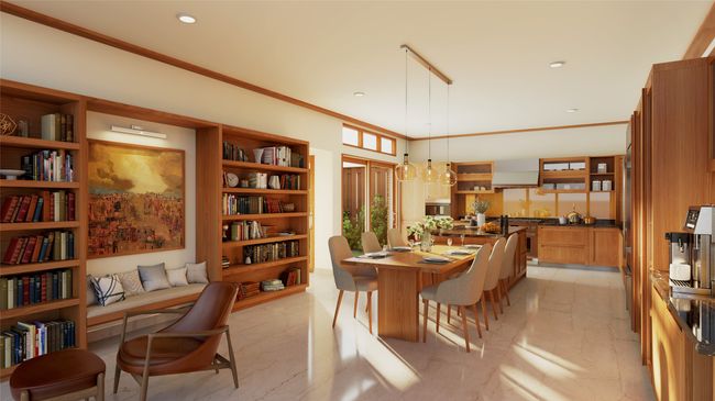 Dining room featuring crown molding, light marble finish flooring, and recessed lighting | Image 6