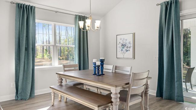 Dining area featuring a chandelier, light wood finished floors, plenty of natural light, baseboards, and vaulted ceiling | Image 10