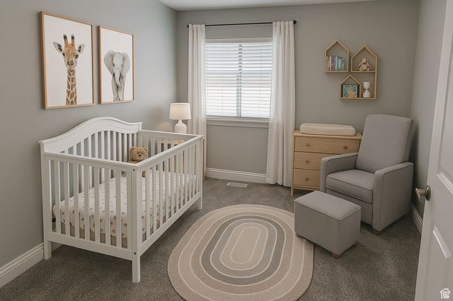 Carpeted bedroom with baseboards and a crib | Image 13