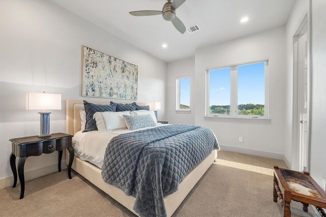 Upstairs 3rd Bedroom featuring ceiling fan, visible vents, recessed lighting, light carpet, and baseboards | Image 25