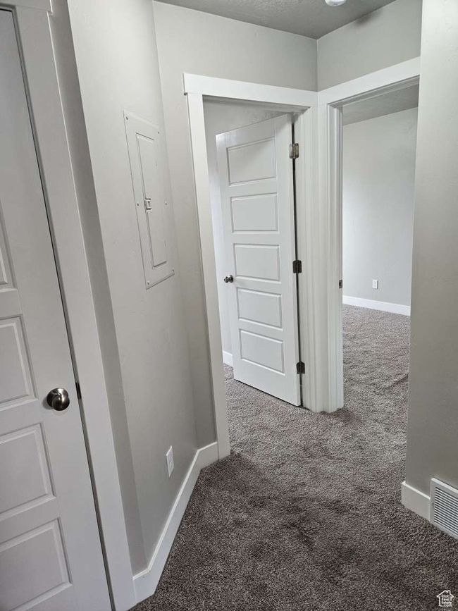 Hallway with visible vents, electric panel, baseboards, and carpet | Image 10
