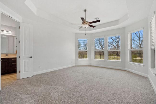 Spare room featuring baseboards, a tray ceiling, light carpet, and visible vents | Image 20