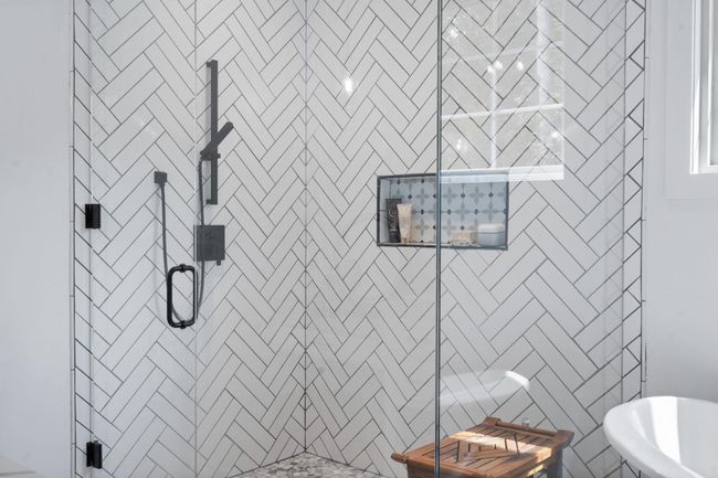 Walk-in tile shower with rain shower head and hand held sprayer | Image 79