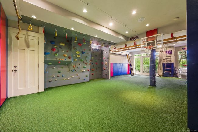 Playspace with climbing wall, zipline, monkey bars... turfed floor and padded walls in walk out lower level. | Image 22