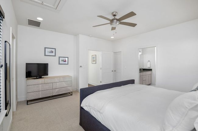 Bedroom with recessed lighting, light colored carpet, a ceiling fan, baseboards, and visible vents | Image 30