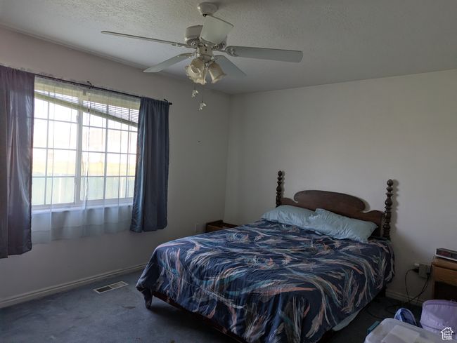 Carpeted bedroom with ceiling fan, baseboards, a textured ceiling, and visible vents | Image 6