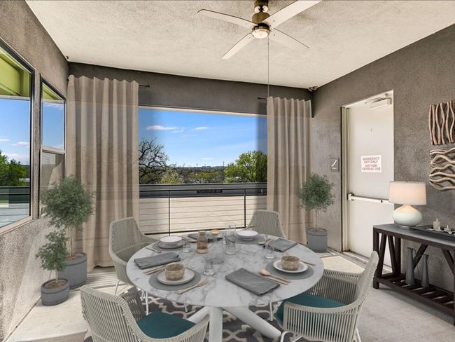 Dining space with a textured ceiling, a textured wall, and a ceiling fan | Image 29