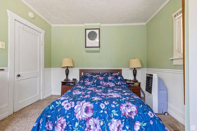 Carpeted bedroom with wainscoting, a textured ceiling, and crown molding | Image 13