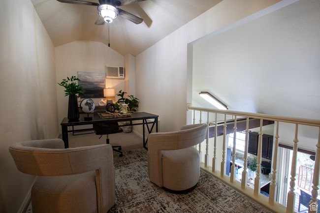 Office with a ceiling fan, vaulted ceiling, and a wall unit AC | Image 19