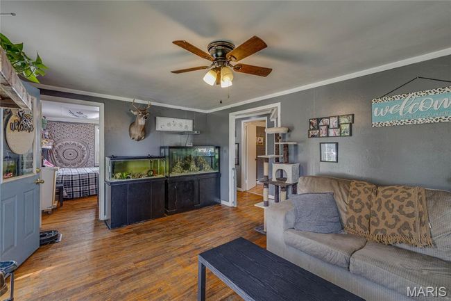 Living area featuring ceiling fan, wood finished floors, and ornamental molding | Image 7