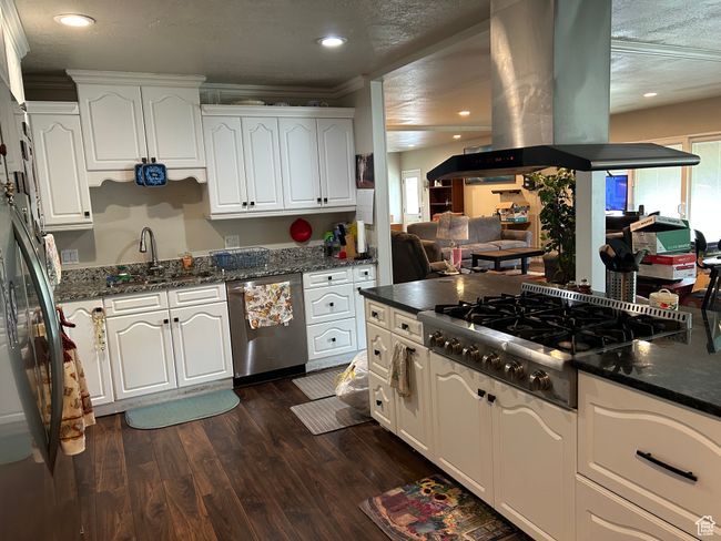 Kitchen featuring appliances with stainless steel finishes, island exhaust hood, white cabinetry, dark wood-style flooring, and crown molding | Image 7