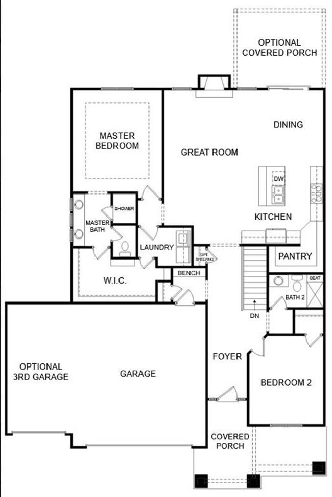 Main Level Floorplan. with a bed/office off the entry next to a 3/4 bath, into the kitchen and pantry. Great room and dining that leads out to back of home. Primary En-Suite has laundry room, walk in closet, primary bath has shower, double vanity.*Please note this house has 2 car garage only | Image 30