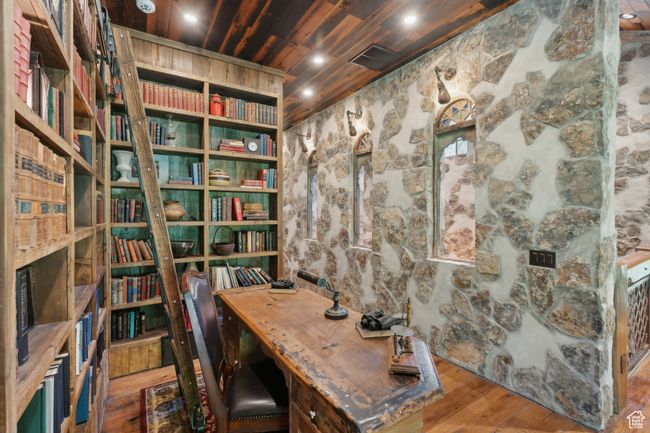 Home office featuring wood ceiling and hardwood / wood-style floors | Image 26
