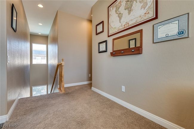 Hallway with an upstairs landing, recessed lighting, carpet, baseboards, and visible vents | Image 33