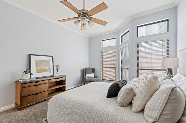 Bedroom featuring ornamental molding, multiple windows, baseboards, carpet flooring, and a ceiling fan | Image 15