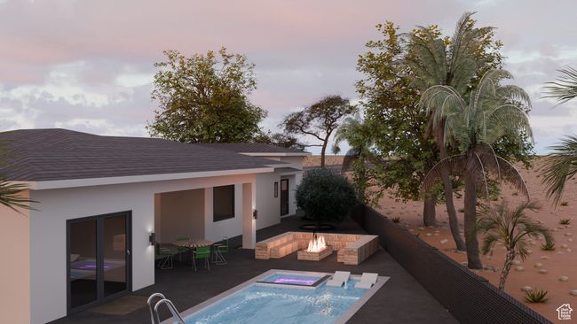 Exterior space with a patio, an outdoor fire pit, and an in ground hot tub | Image 4