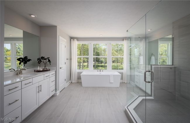 Spa-like owner's suite with large, tiled shower and freestanding tub. | Image 8