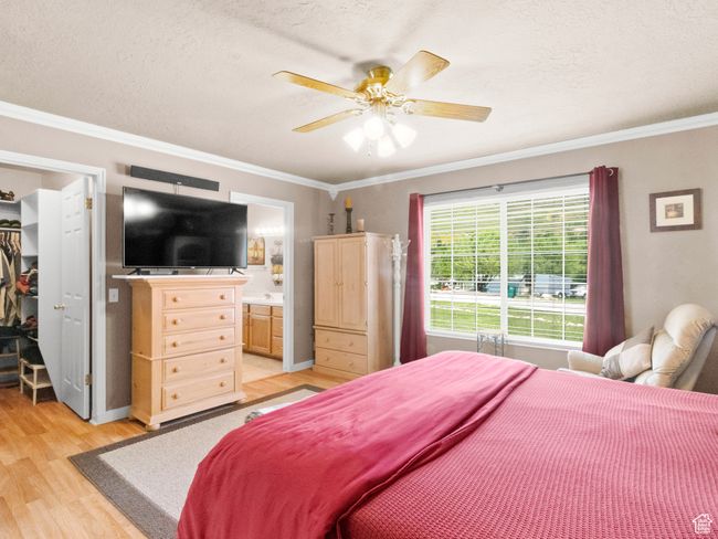 Bedroom with a walk in closet, light wood-type flooring and crown molding | Image 9