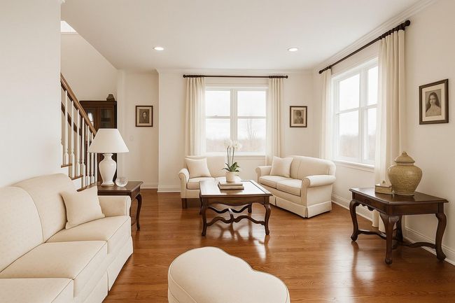 Living area with wood finished floors, stairs, recessed lighting, and ornamental molding | Image 10