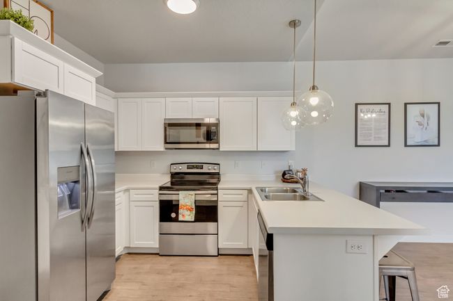 NEW pendant lighting, stainless steel appliances, light hardwood / wood-style flooring, and sink | Image 7