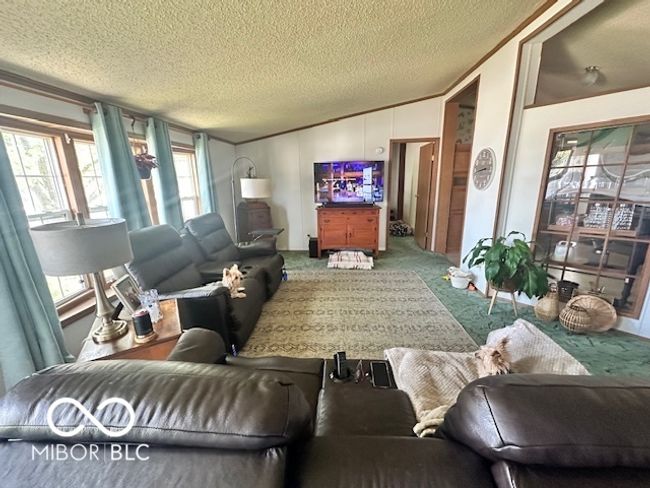 carpeted living area featuring lofted ceiling and a textured ceiling | Image 5