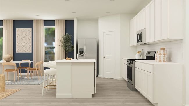 Kitchen featuring stainless steel electric range, light wood finished floors, a breakfast bar area, refrigerator with ice dispenser, and light countertops | Image 10