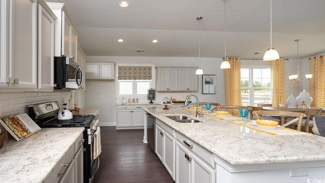 Kitchen featuring dark wood-style flooring, a center island with sink, a sink, backsplash, and stainless steel appliances | Image 10