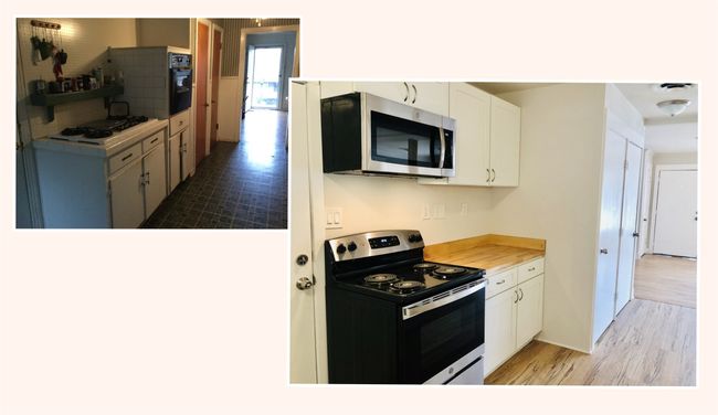 Kitchen featuring appliances with stainless steel finishes, white cabinets, light wood-style floors, and light countertops | Image 20