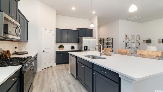 Kitchen with pendant lighting, a kitchen island with sink, appliances with stainless steel finishes, sink, and light hardwood / wood-style flooring | Image 18