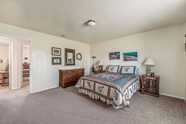 Carpeted bedroom with a textured ceiling, baseboards, and visible vents | Image 20