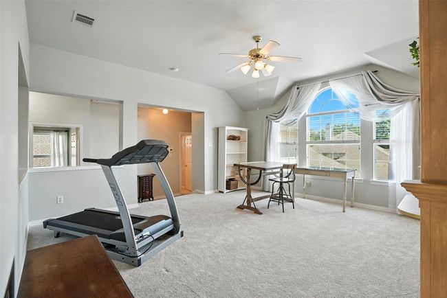 Exercise room featuring carpet, ceiling fan, plenty of natural light, and lofted ceiling | Image 23