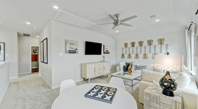 Living room featuring attic access, ceiling fan, light colored carpet, baseboards, and recessed lighting | Image 22