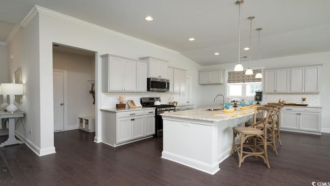 Kitchen with crown molding, dark wood-type flooring, a sink, appliances with stainless steel finishes, and backsplash | Image 6