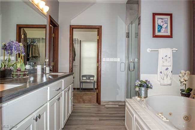Full bathroom with a sink, a jetted tub, a stall shower, double vanity, and wood finished floors | Image 13