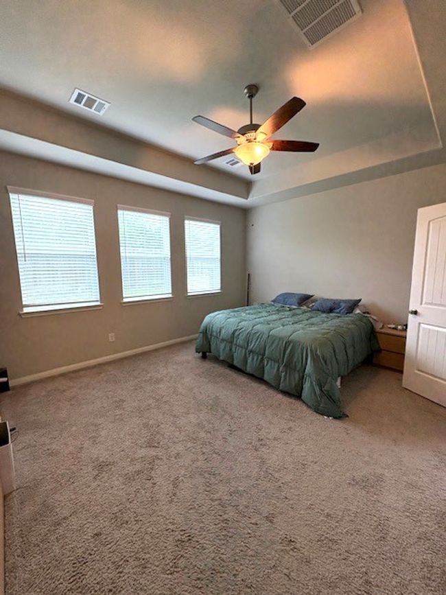 Bedroom featuring a tray ceiling, carpet, and baseboards | Image 7