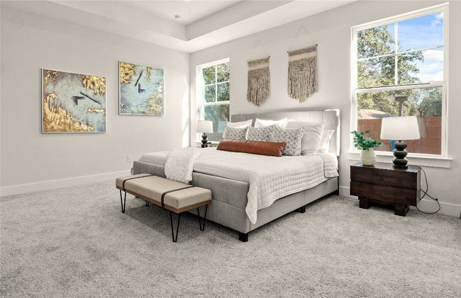 Bedroom featuring a tray ceiling, carpet flooring, and baseboards | Image 18