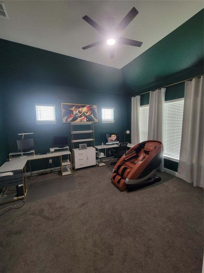 Office ceiling fan, carpet flooring, and visible vents | Image 13