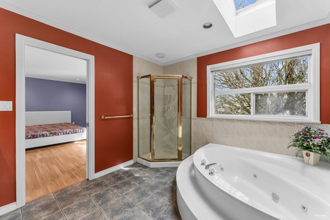 Full bath featuring a shower stall, a whirlpool tub, crown molding, and a skylight | Image 20