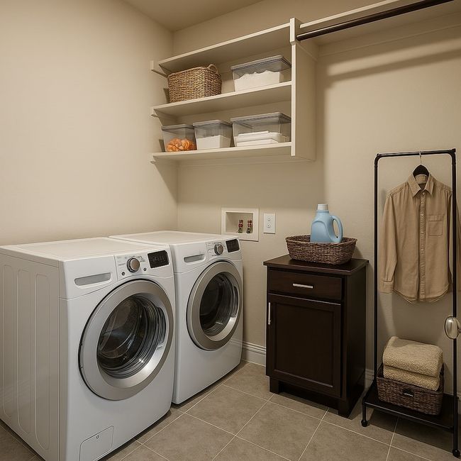 Laundry area with independent washer and dryer, light tile patterned floors, and cabinet space | Image 20