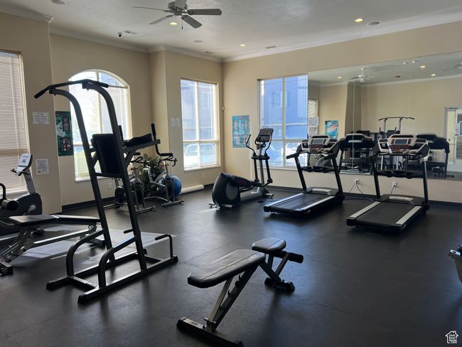 Gym with a ceiling fan, baseboards, recessed lighting, and ornamental molding | Image 25