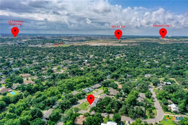 Aerial view of home with pins showing close proximity to the 45 Tollway, MoPac/Loop 1, and just minutes from LaFrontera Shopping Center. | Image 37