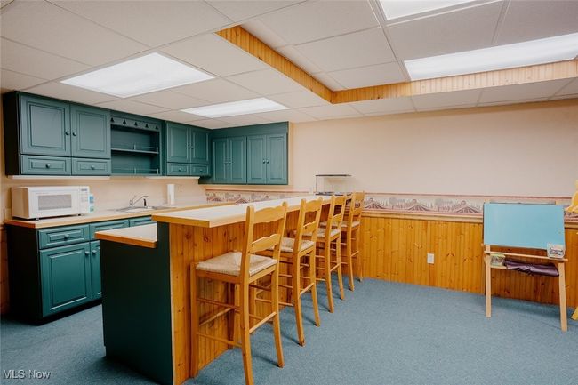 Basement kitchen with white microwave, a paneled ceiling, dark colored carpet, green cabinetry, and a wainscoted wall | Image 30