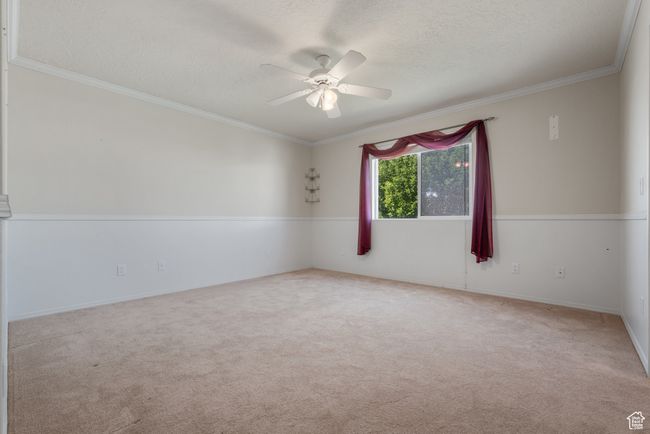 Carpeted spare room with a ceiling fan, crown molding, and a textured ceiling | Image 13