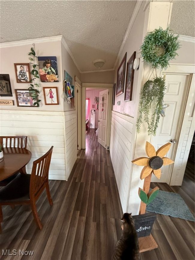 Hallway featuring a textured ceiling, crown molding, dark wood-style flooring, and a wainscoted wall | Image 16
