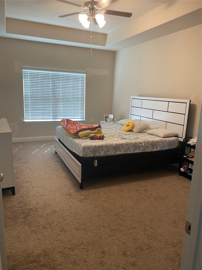 Bedroom featuring a raised ceiling, carpet flooring, and ceiling fan | Image 21