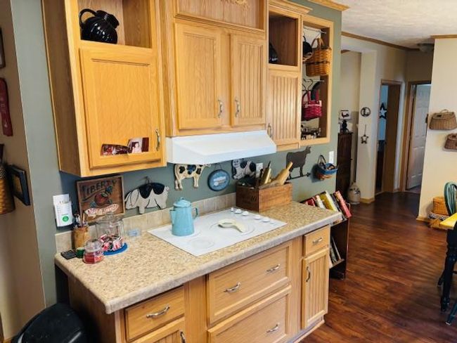 Kitchen featuring dark wood-type flooring, light countertops, open shelves, and extractor fan | Image 18
